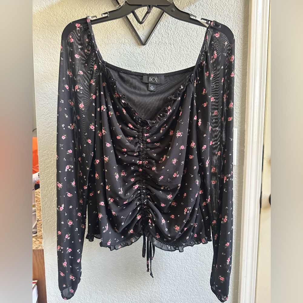 BCX Floral Mesh Ruched-Front 3/4-Sleeve Top XL